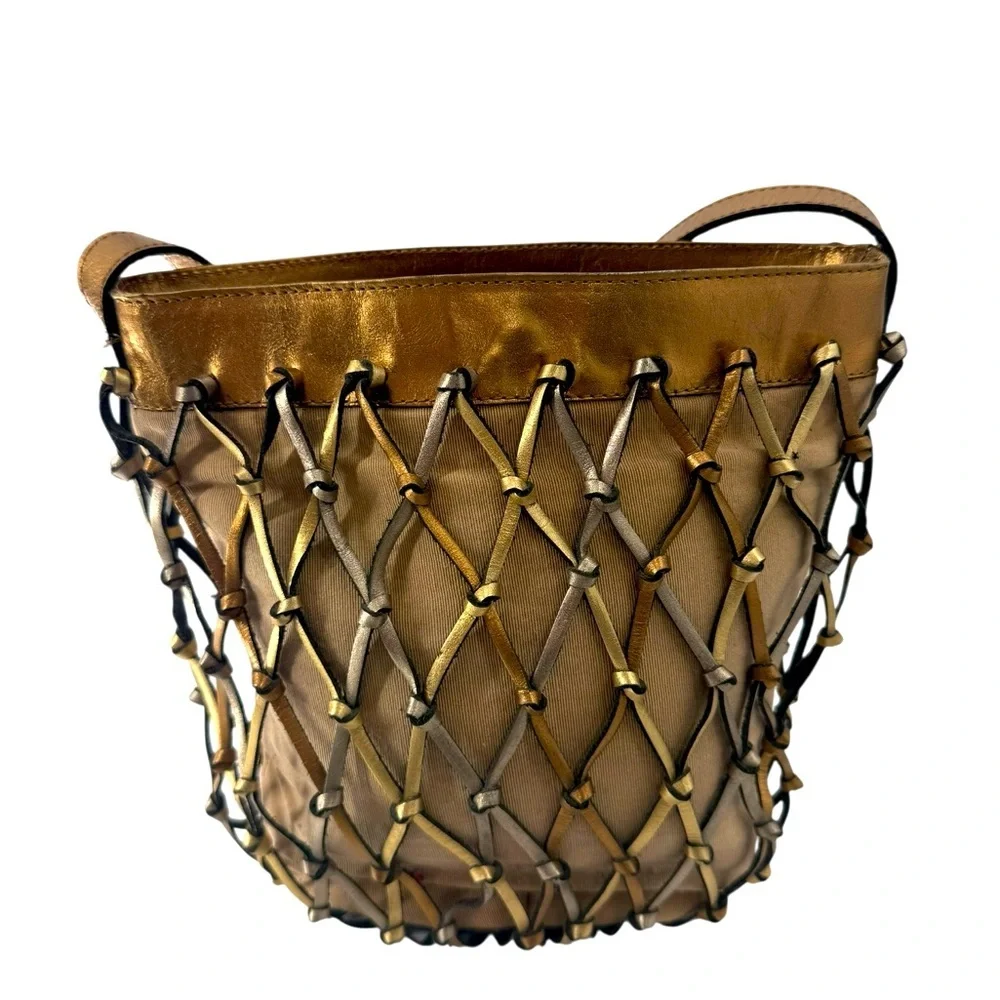 Maripe Genuine Leather Woven Lattice Shoulder Bag Metallic Gold Silver Copper